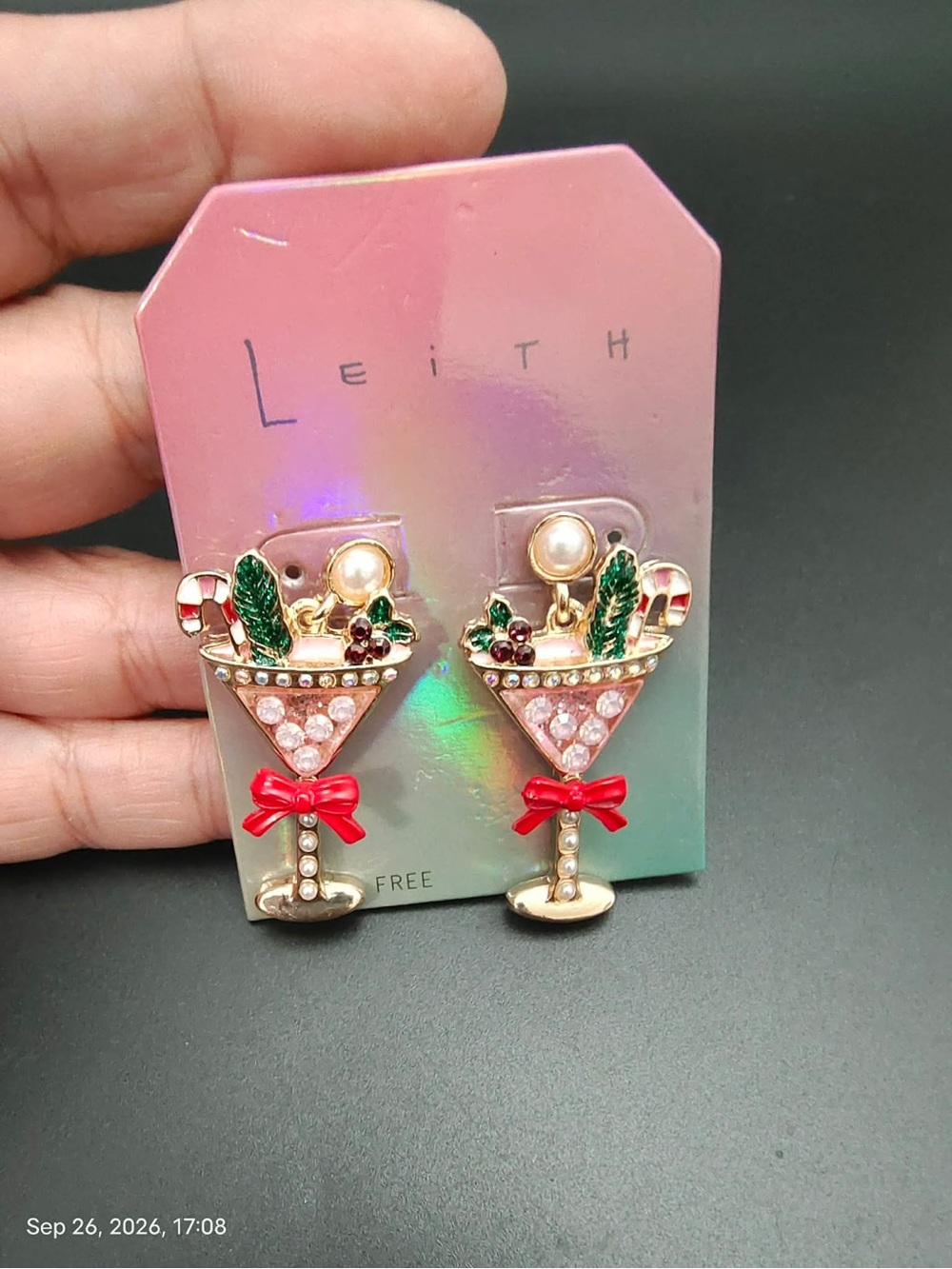 Leith Pink Cocktail Glass Drop Earrings with Red Bow and Green Accents